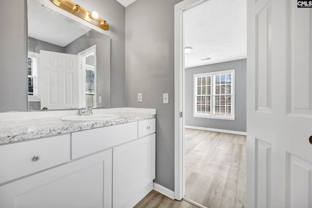 bathroom with vanity, wood-type flooring, and a textured ceiling