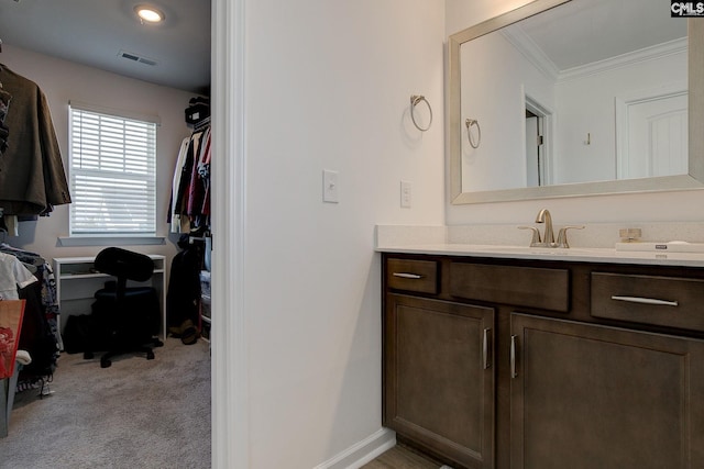 bathroom featuring ornamental molding and vanity