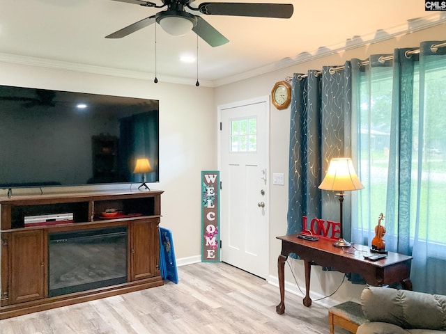 foyer entrance with crown molding, ceiling fan, a fireplace, and light wood-type flooring