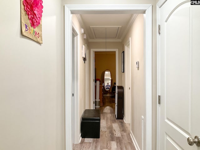 hallway with light hardwood / wood-style flooring and ornamental molding