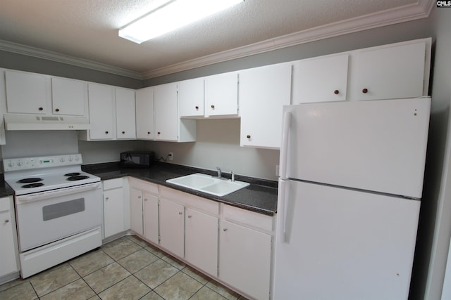 kitchen featuring ornamental molding, sink, white cabinets, and white appliances