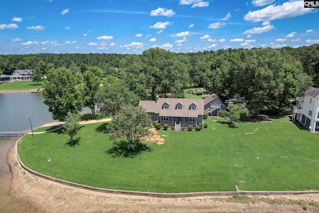 bird's eye view featuring a water view and a view of trees