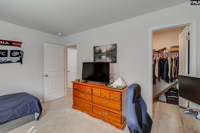 carpeted bedroom featuring a spacious closet and a closet