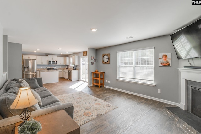 living room with plenty of natural light and hardwood / wood-style floors