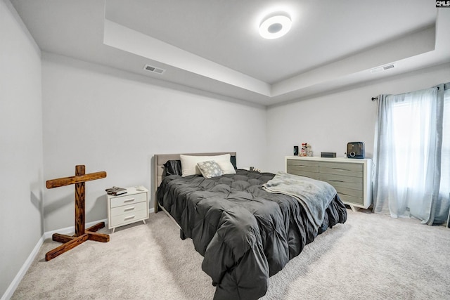 carpeted bedroom with a tray ceiling