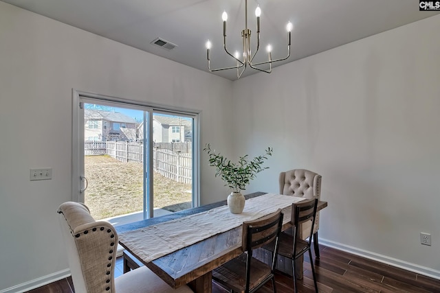 dining room with dark wood-type flooring and a chandelier