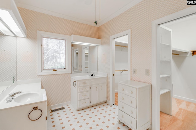 bathroom featuring ornamental molding and vanity