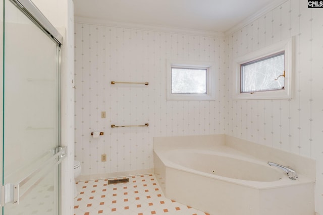 bathroom featuring crown molding, plus walk in shower, and toilet