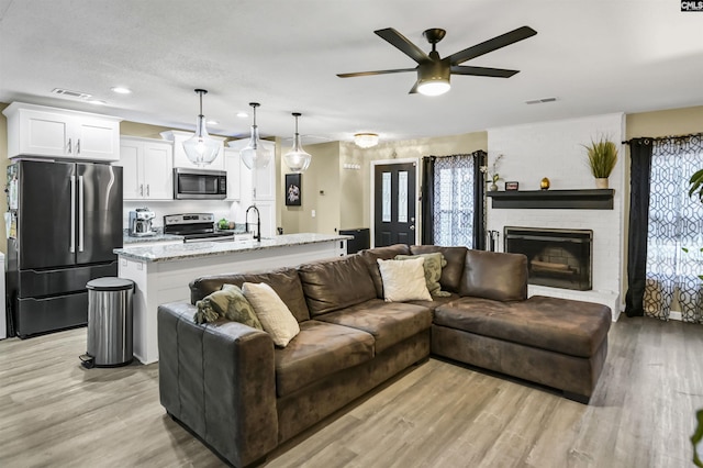 living room with sink, a fireplace, and light hardwood / wood-style floors