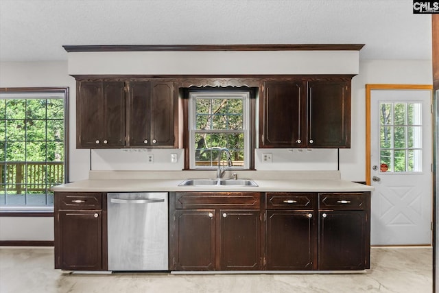 kitchen with plenty of natural light, sink, stainless steel dishwasher, and dark brown cabinetry