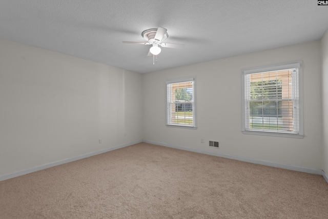 carpeted empty room with ceiling fan, plenty of natural light, and a textured ceiling