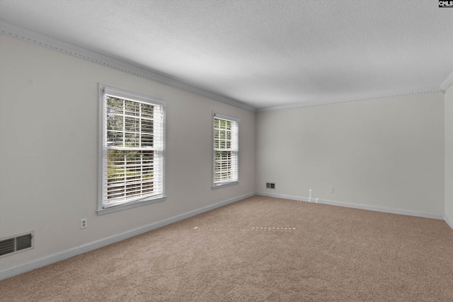 carpeted spare room featuring ornamental molding and a textured ceiling