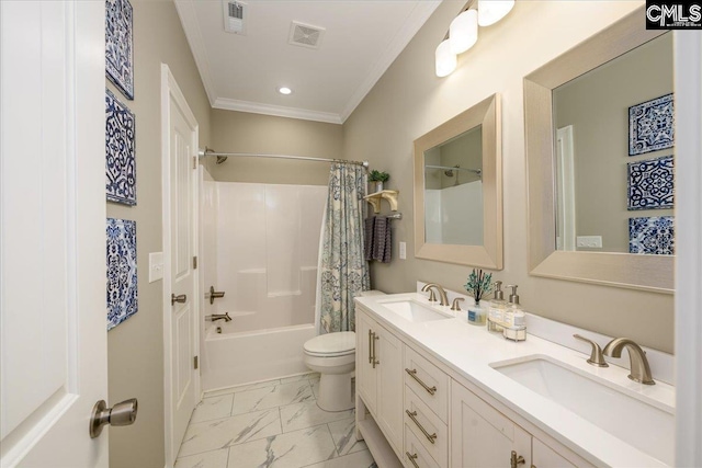 full bathroom with shower / tub combo, vanity, crown molding, and toilet