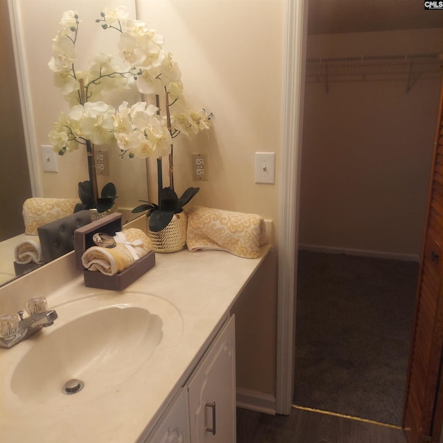 bathroom with hardwood / wood-style flooring and vanity