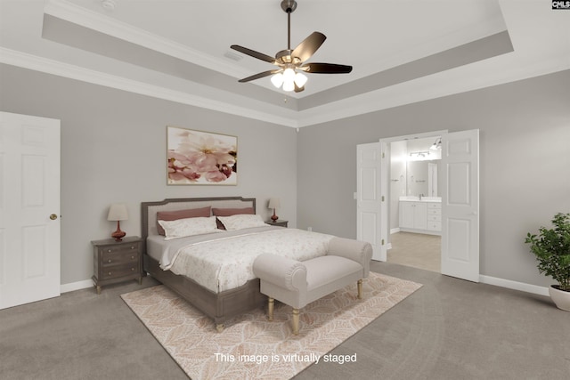 241 Highgrove Cir, West Columbia, SC 29170 - bedroom with a tray ceiling, carpet flooring, ornamental molding, ensuite bathroom, and ceiling fan