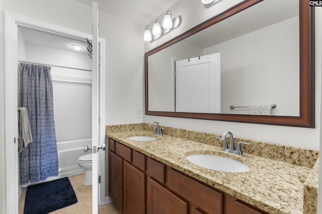 full bathroom with shower / tub combo, vanity, and toilet