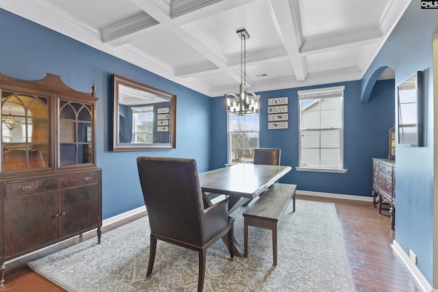 dining space with coffered ceiling, hardwood / wood-style floors, a notable chandelier, and beamed ceiling