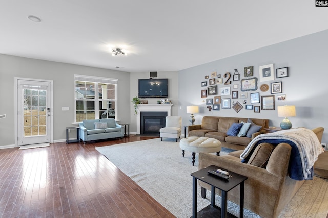 living room with dark hardwood / wood-style floors