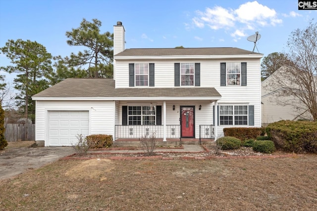 view of front facade featuring a garage, a porch, and a front lawn