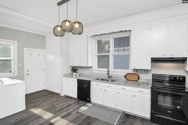 kitchen with white cabinetry, sink, pendant lighting, and black appliances