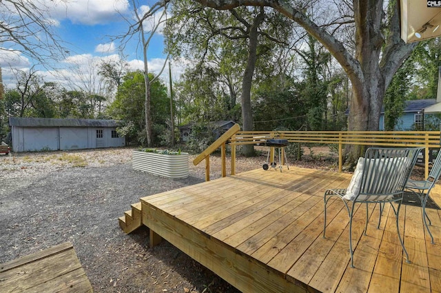 wooden deck featuring a storage shed