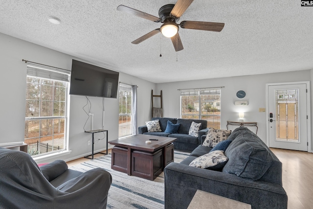 living room with ceiling fan, a textured ceiling, and light hardwood / wood-style floors