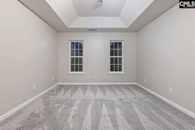 carpeted spare room with a tray ceiling