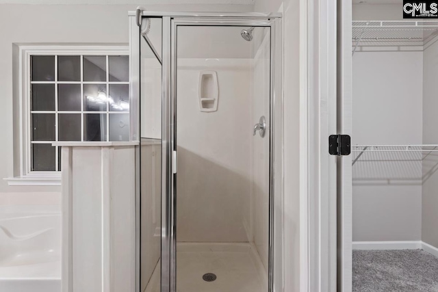 bathroom featuring a shower with door