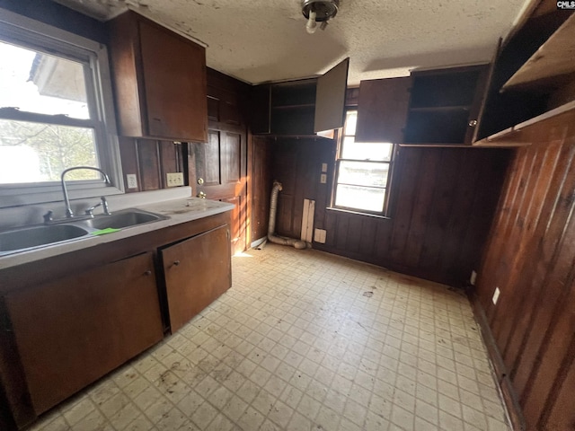 kitchen with a healthy amount of sunlight, dark brown cabinets, sink, and wooden walls