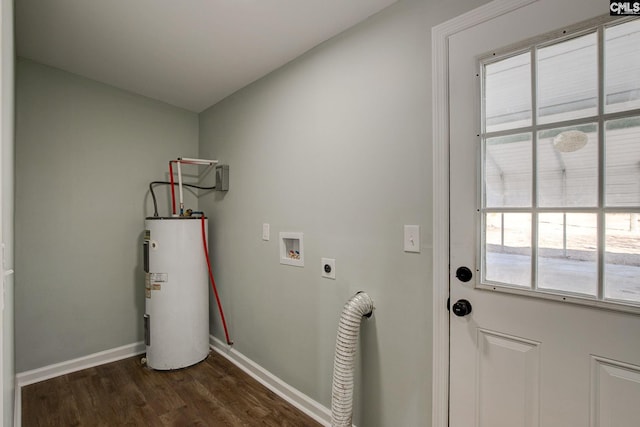 laundry area featuring water heater, electric dryer hookup, washer hookup, and dark hardwood / wood-style flooring