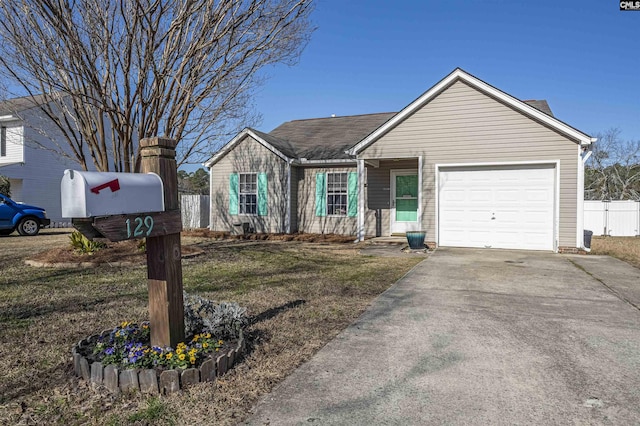 ranch-style house featuring a garage and a front lawn