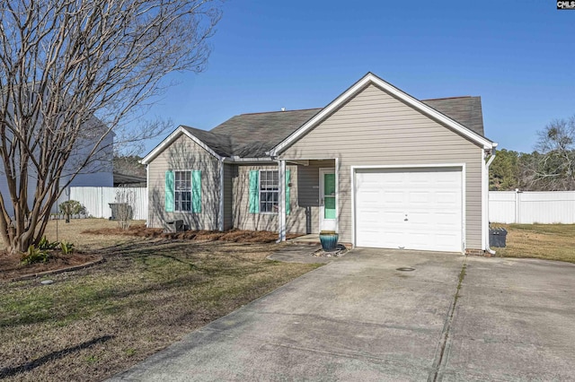 single story home featuring a garage and a front lawn