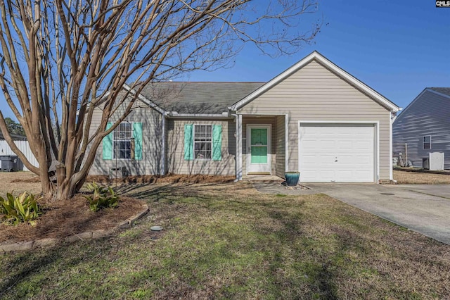 single story home featuring a garage and a front lawn