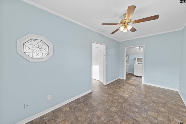 unfurnished room featuring washer / clothes dryer, crown molding, and ceiling fan