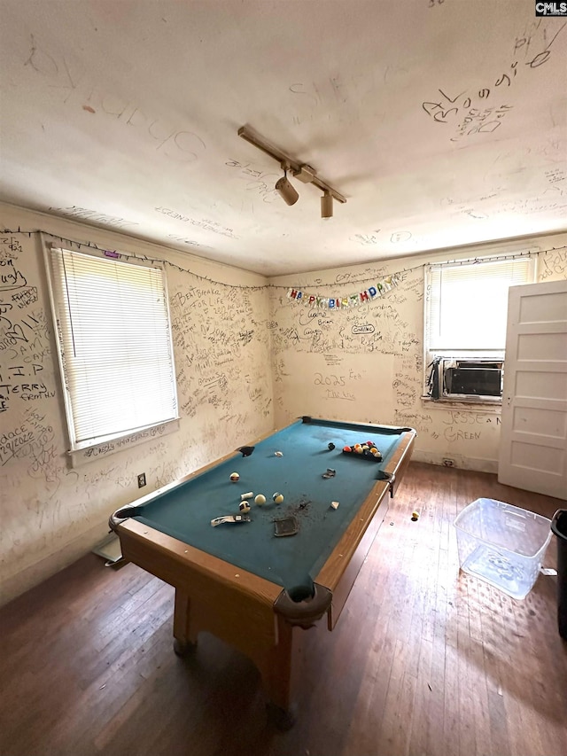 recreation room featuring hardwood / wood-style flooring, pool table, and cooling unit