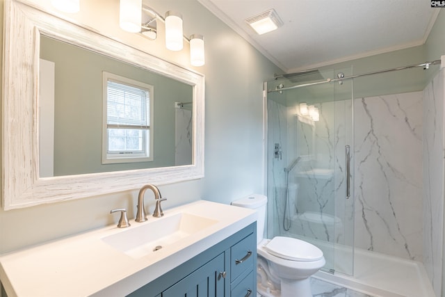 bathroom with crown molding, vanity, toilet, and a shower with door