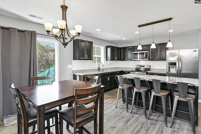 kitchen with decorative light fixtures, a center island, decorative backsplash, and appliances with stainless steel finishes