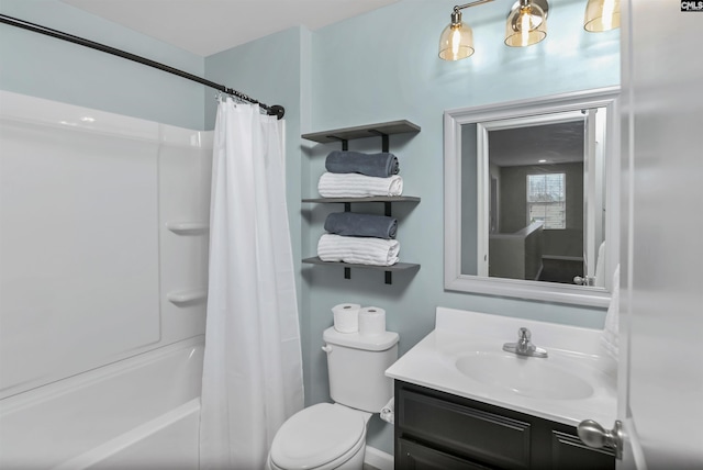 full bathroom featuring toilet, vanity, and shower / bathtub combination with curtain