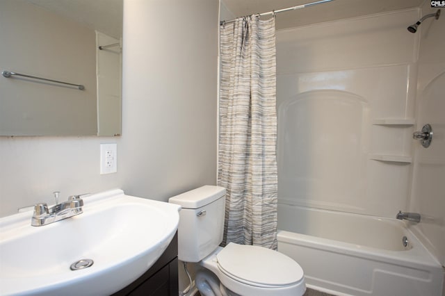 full bathroom featuring vanity, toilet, and shower / bathtub combination with curtain