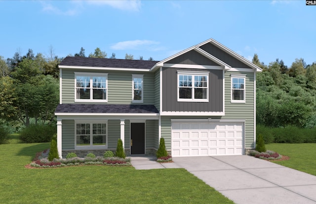 craftsman house featuring a garage, concrete driveway, a shingled roof, and a front yard