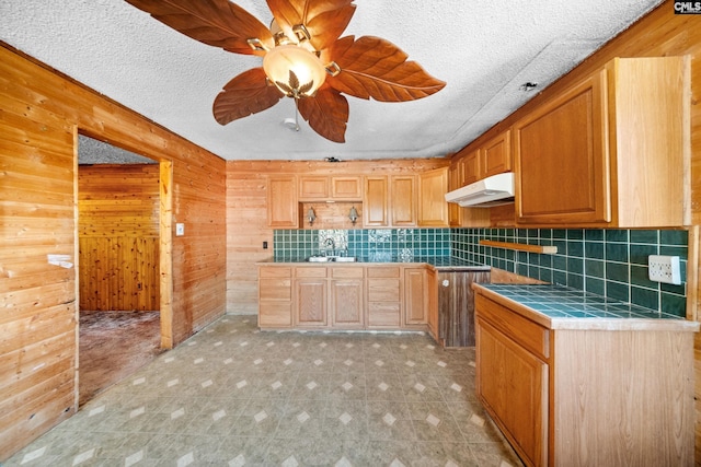 104 Brandon Rd, Clinton, SC 29325 - kitchen featuring ceiling fan, a textured ceiling, decorative backsplash, tile countertops, and wood walls
