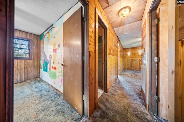 104 Brandon Rd, Clinton, SC 29325 - hall with carpet floors, a textured ceiling, and wood walls