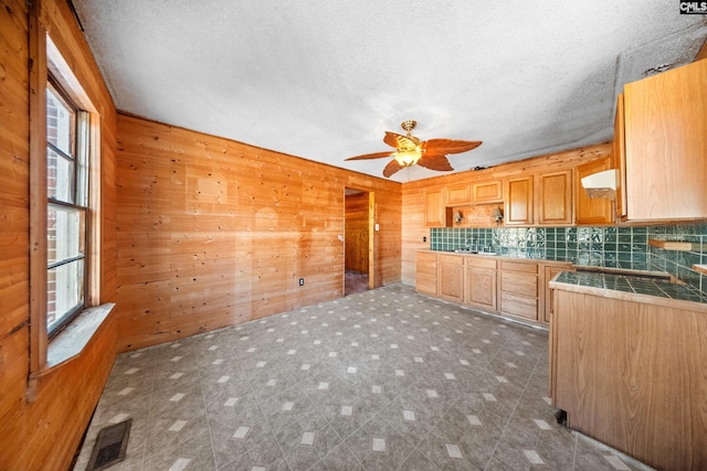 104 Brandon Rd, Clinton, SC 29325 - kitchen with plenty of natural light, tile countertops, and wood walls