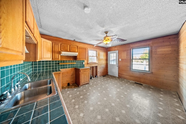104 Brandon Rd, Clinton, SC 29325 - kitchen with sink, tile countertops, wooden walls, and ceiling fan