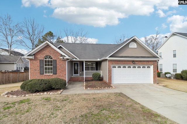 ranch-style house featuring a porch, a garage, and a front lawn