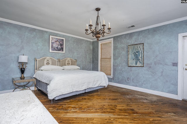 bedroom with crown molding, dark wood-type flooring, and an inviting chandelier