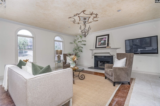 living room with crown molding