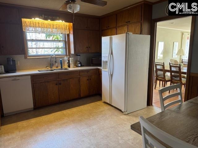 kitchen with dark brown cabinetry, ceiling fan, sink, and white appliances