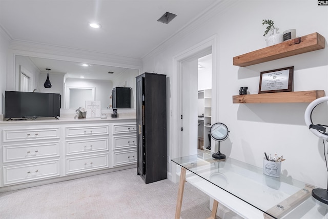 office with ornamental molding and light carpet