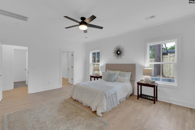 bedroom with a spacious closet, ornamental molding, ceiling fan, and light wood-type flooring